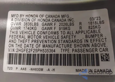 2023 Honda Civic Lx from USA, damaged, VIN 2HGFE2F25PH535364